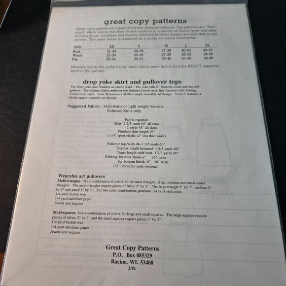 Great Copy Patterns #1225 Sewing/Serger Drop Yoke Skirt/Pullover Top 90s UNCUT - Picture 6 of 8